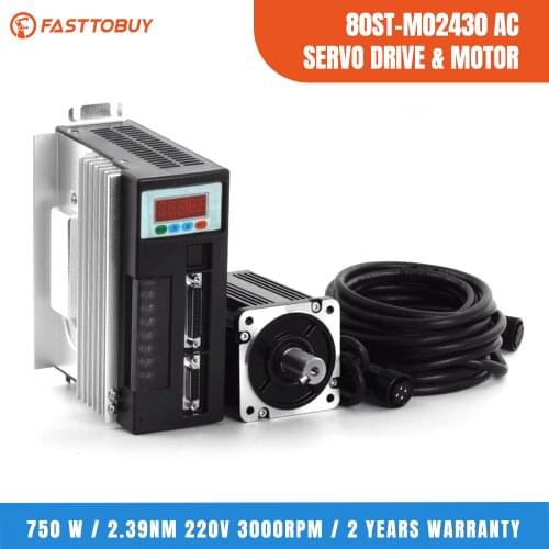 NEMA32 2.39Nm 0.75kw AC Servo Motor+Driver Kit 80ST-M02430 220V 750w 3000rpm RS485 MODbus for CNC Machining Equipment