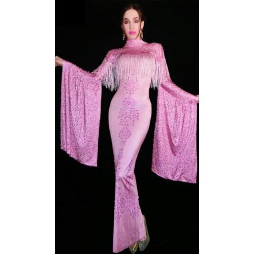 Pink Fringe Dress Nightclub Women Birthday Evening Wear Big Sleeve Rhinestone Stretch Singer Clothes Stage Costume VDB3158