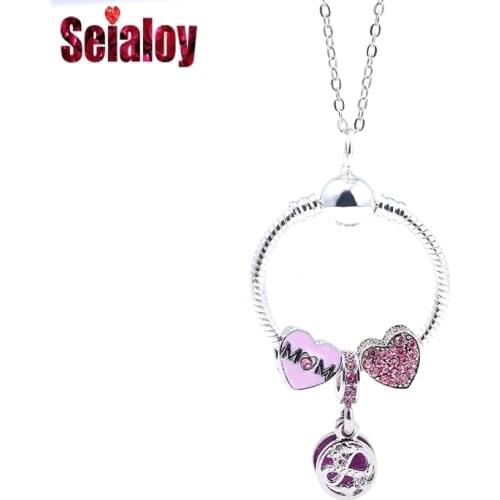 Seialoy Pink Heart Shiny Mom Necklace Fit Original Star Charms Pendant Necklace Women Men Jewelry Boy Girls Gift