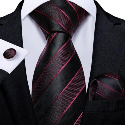 SJT-7237 DiBanGu Luxury Red Black Striped Tie for Men Hanky Cufflinks Ties 100% Silk Necktie Business Wedding Party Tie Set