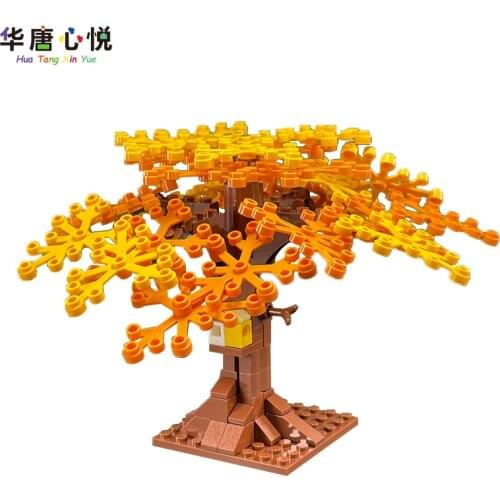 Compatible City Plants Autumn Big Tree With Yellow Leaves with Birds Nest Decoration Botanical Garden Cities Building Block Toy