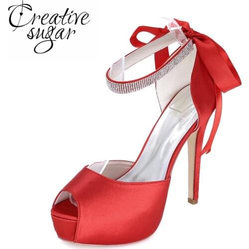 Creativesugar Platform woman high heels D'orsay peep open toe rhinestone ankle strap ribbon tie wedding evening dress pumps