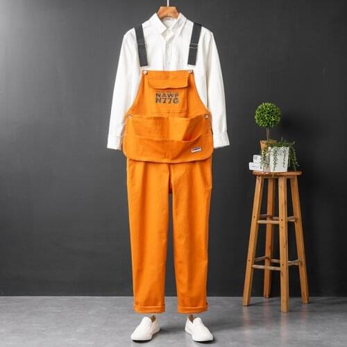 Street Hip-hop Mens Loose Vintage Straight Overalls Suspender Pants Orange Trousers F39