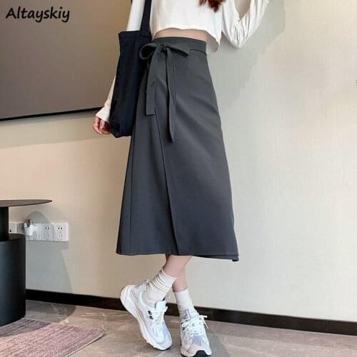 Skirts Women Mid-calf Korean Simple Preppy Style Waist Bandage Abdomen A-line Elegant Female Solid Color Clothing Streetwear Ins