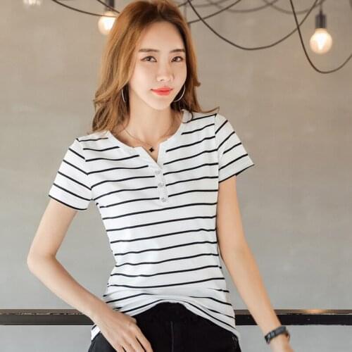 2021 Summer Top Shirts V-Neck T Shirt Women Short Sleeve Casual Tshirts White Striped T-Shirt Plus Size Cotton Tee Shirt Female
