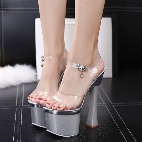 New Womens High Heels Black Silver Color Party Wedding Platform Fish Mouth Shoes Women Summer Crystal Square Heels Sandals
