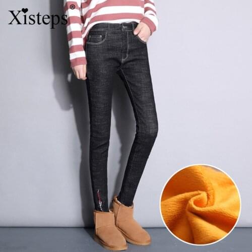 Xisteps Winter Thick Warm Velvet Stretch Women Jeans Female Embroidery Casual Pencil Pants Skinny Elastic Trousers Plus Size