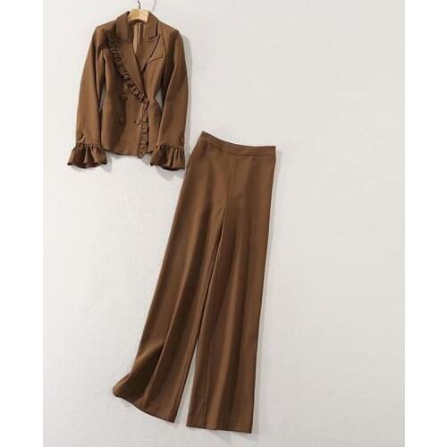 QUALITY New HIGH 2021 Designer Runway Suit Set Womens Petal Sleeve Ruffles Double Breasted Blazer Long pant Suit