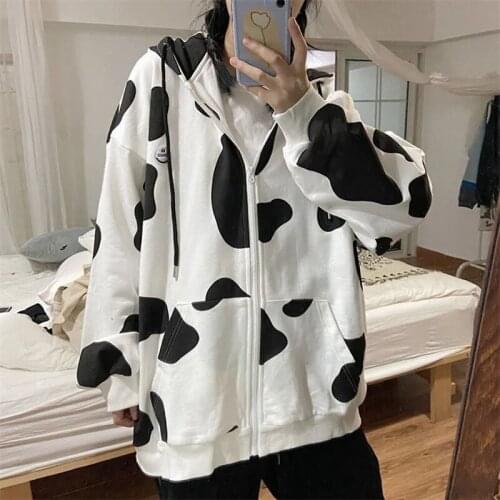 Autumn Hooded Sweater Women 2021 Korean Casual Harajuku Style Cow Black And White Zipper Kawaii Student Jacket Cardigan