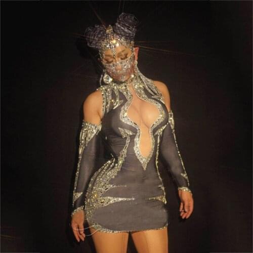 DJ Female Rhinestone Elastic Dress Fake Meat One-Piece Black Short Dress Evening Dress Stage Costume Festival Outfits DN8667