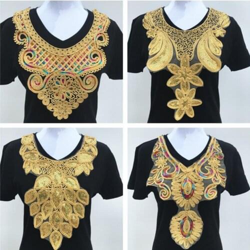 1 piece Golden embroidered collar flower, ethnic style collar, lace garment accessories, false collar