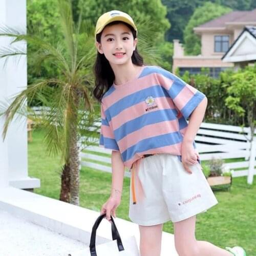 2 Colors Fashion Baby Girls Clothes Sets Summer Short Sleeve T shirt + Shorts Casual Two Piece Set Summer School Girl Outfit
