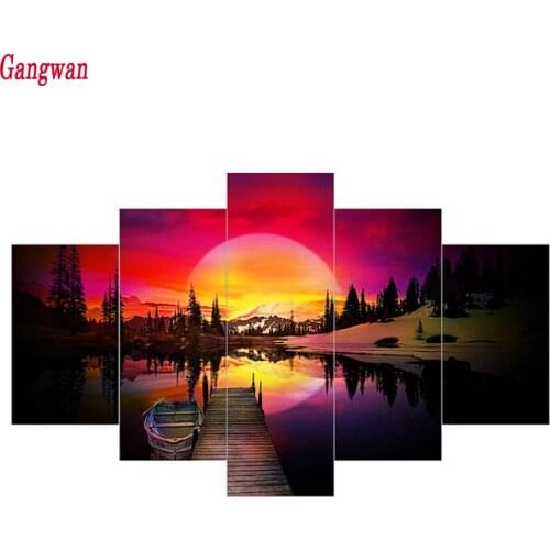 5pcs,5d diamond embroidery sunset boat lake scenic,diamond painting tree landscape full square round,cross-stitch,home decor art