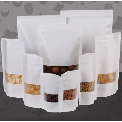 White Standup kraft paper bag with matt window and zipper for food, paper ziplock bag 100pcs/lot