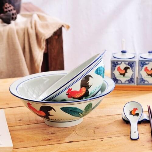 For restaurants home tableware big red rooster pattern Big Size Ceramic Home Bowl Instant Noodle Soup Dumplings Ramen Bowl