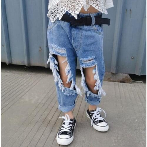 2021 new wholesale girls denim holes pants fashion spring girls jean pants 3-8t A631
