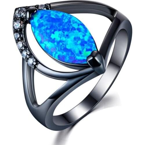 FYJS Unique Black Gun Plated Marquise Shape 3 Colors Opalite Opal Finger Ring with Rhinestone Jewelry