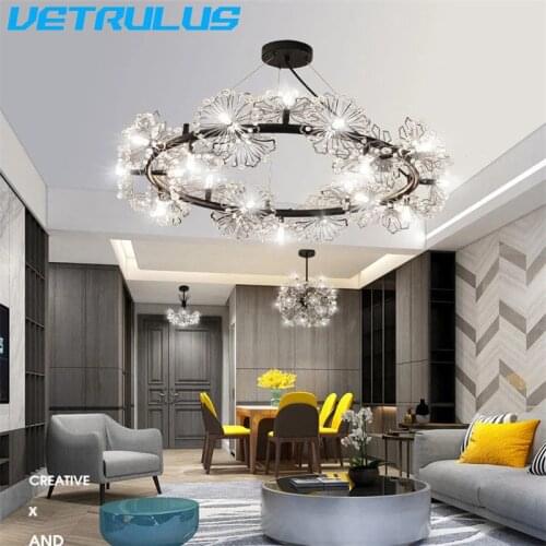 G4 Nordic Crystal LED Chandelier Lighting Fixtures Black Lustre Flower Hanglamp Cristal Pendant Ceiling Lamp for Living Room