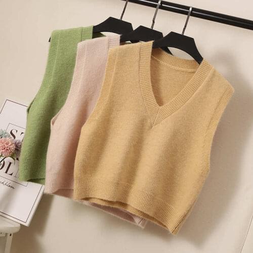 Autumn Women Fashion V Neck Solid Color Knitted Sweater Vest Sleeveless Casual Slim Short Knitted Vest Warm Pullovers Tops C7620
