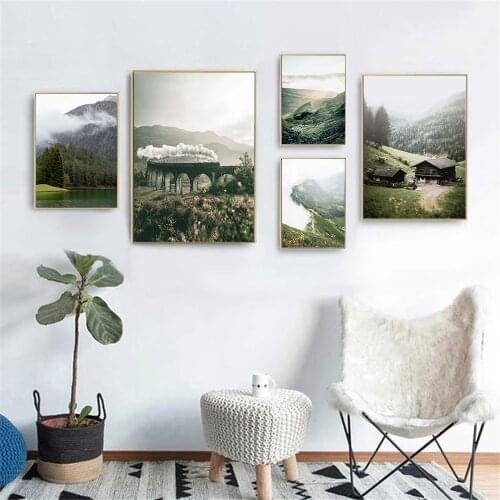 Lake Mountain Nordic Poster Nature Landscape Wall Painting Forest Canvas Print Nordic Wall Art Pictures Living Room Home Decor