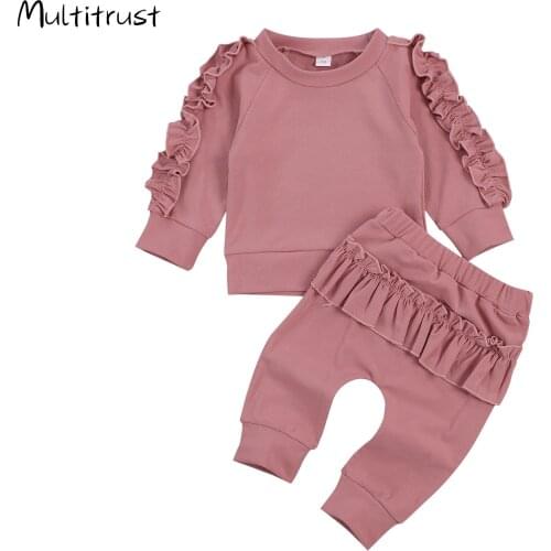 0-24M Autumn Winter Toddler Kids Baby Girls Clothes Long Sleeve Ruffles Sweatshirts Pullover Tops Long Pants Tracksuit Sets