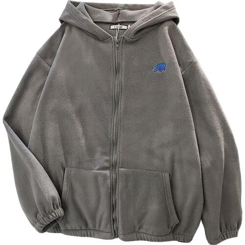 Embroidered Antarctic Bear Harajuku Velvet Hoodies Jacket Spring Autumn Thin Fleece Loose Lamb Imitation Zipper Sweatshirt Women