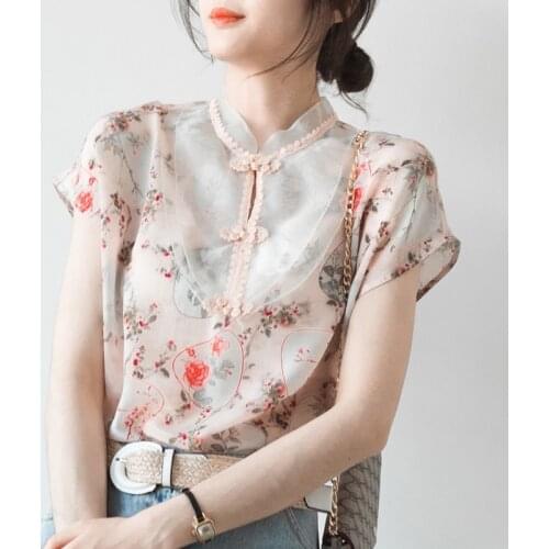 Chinese Style Womens Tops And Blouses 2021 Summer Cheongsam Top Mandarin Collar Tang Suit Loose Hanfu Ladies Chinese Tops KK3639