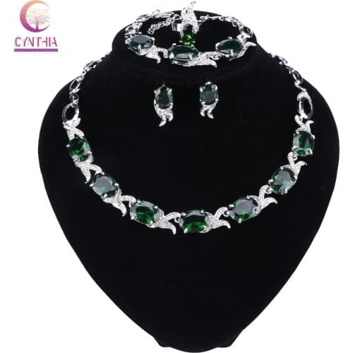 Women African Beads Crystal Jewelry Sets Silver Color Zircon Pendant Earrings Bracelets Ring Wedding Accessories Gifts