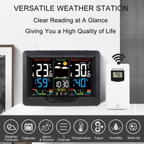 Wireless Weather Forecast Station Clock RF Indoor Outdoor Color Clock with RF Transmitter Digital Temperature&Humidity Detection