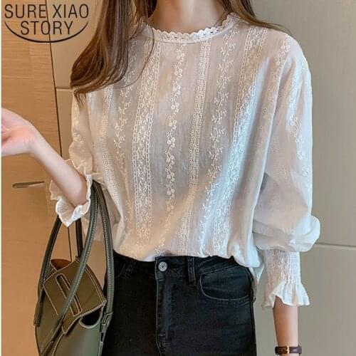 Blusas Mujer De Moda 2021 Autumn Fashion Women White Chiffon Blouses Long Sleeve Lace Women Tops Casual Floral Lady Tops 6874 50