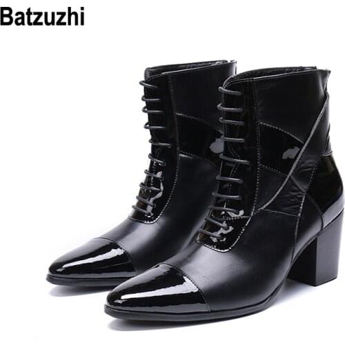 Batzuzhi Limited Edition 7cm High Heel Men Boots Short Pointed Toe Black Leather Dress Boots Men Handsome Lace-up botas hombre