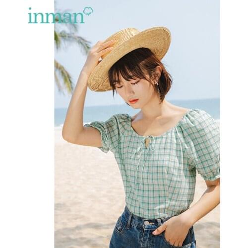 INMAN Summer Womens Blouse Pastoral Sweet Style Round Collar Ribbon Tether Lacework Cuff Classic Plaid Short Sleeve Shirt