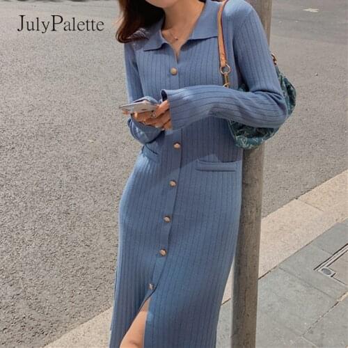 JulyPalette Solid Knitted Dress for Women Autumn winter Long Sleeve V-neck Knit Dress Elegant Ladies Button Slim Sweater Dress