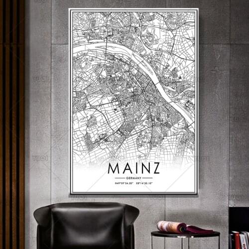 Map print poster canvas poster canvasWorld Map MAINZ Black White MapPoster Picture Home Decor Large Wall Pictures For Living Roo