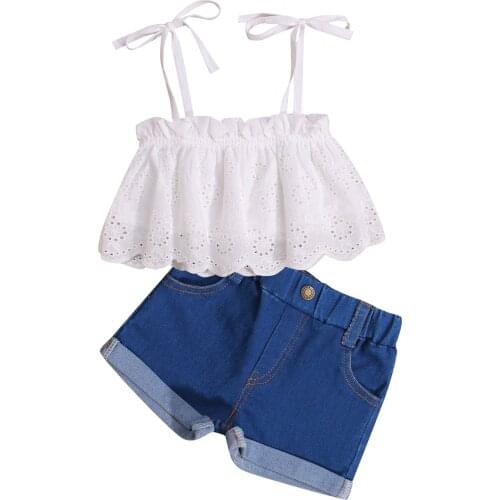1-6Years Kids Baby Girl Outfits Summer Clothes Two-piece Lovely Straps Lace-up White Lace Camis+Blue Denim Shorts Girl Sets