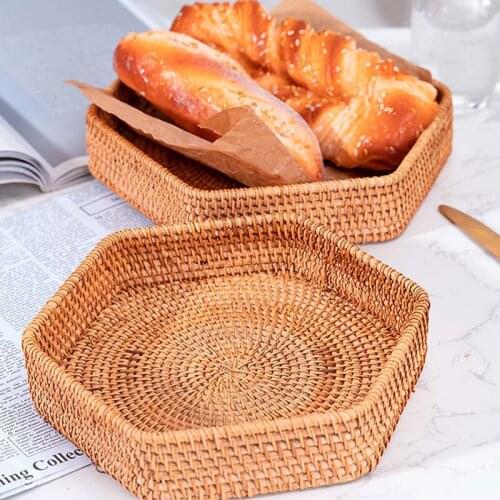 1Pc Creative Hand-Woven Rattan Storage Tray Hexagonal Wicker Basket Food Dinner Serving Plate