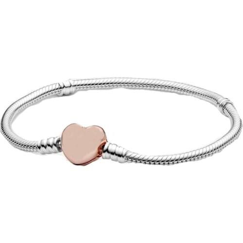 Moments Heart Clasp Snake Chain Bracelet New 100% 925 Sterling Silver Rose Heart Bracelet Fit European Charms Diy Jewelry