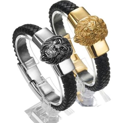 Punk Genuine Black Leather Braided Wristband Silver Color Or Gold Stainless Steel Wolf Head Mens Bracelet Bangle 8.66"*15mm
