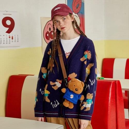 Cartoon Bear Soft Sweater Women Winter Cardigan Korean V-Neck Single Breasted Outwear Preppy Style Oversized Autumn Loose