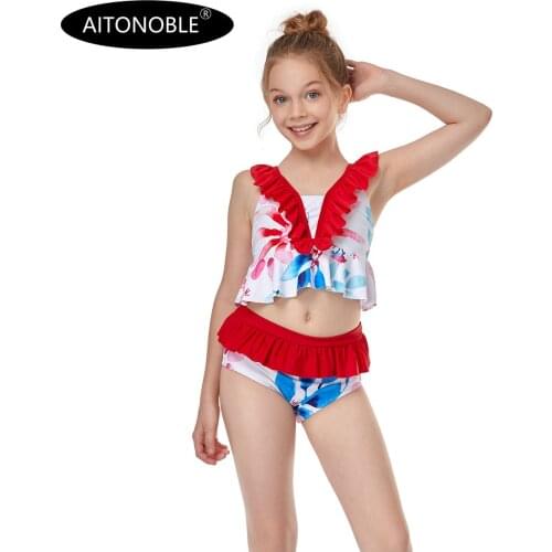 Aitonoble 2021 New Collection Kids Rash Guard Years 2-10 Girls Swimwear Teenagers 2 Pieces Diving Suit Rashguard for Girls