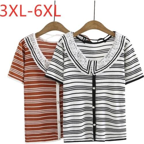 New 2021 Ladies Summer Plus Size Tops For Women Large Short Sleeve Loose Elastic White Lace Stripe T-shirt 3XL 4XL 5XL 6XL