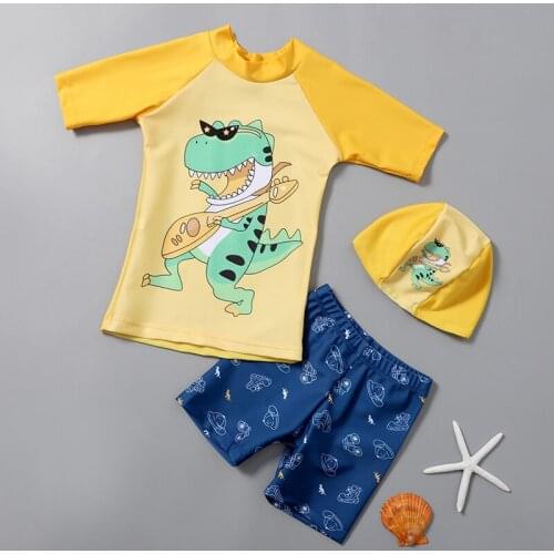 2021 New Boys Swimwear 2 Pieces Swimsuit(with cap)Cartoon Print BathingSuit Sun-proof Beachwear for 2-8years Toddler Beachpants