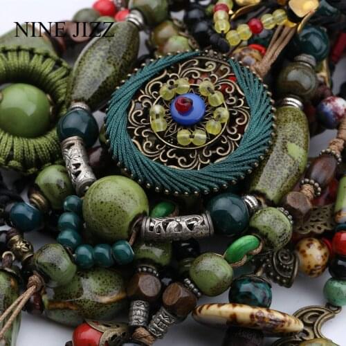 NINEJIZZ Ceramic Beads Ethnic Style Necklace Handmade Long Tassel Colorful Necklace Chain DIY Fashion Ethnic Jewelry Green Color