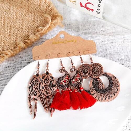 3PCS/Lot Bohemia Red Tassel Earring Sets Vintage Ethnic Geometry Alloy Earrings For Women Girl Statement Jewelry