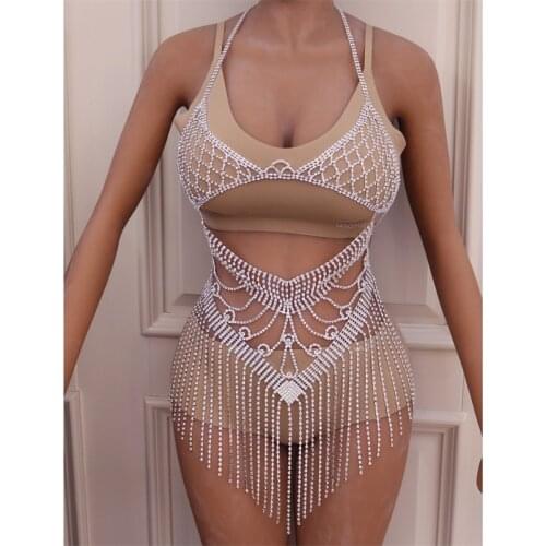 Rhinestone Mesh Body Chain Bra Harness for Women Handmade SexyThong Bodysuit Iced Out Lingerine Set
