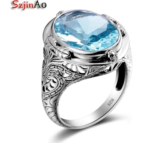 Szjinao Luxury Aquamarine Bride Wedding Rings Pure 100% 925 Silver Rings For Women Retro Birthstone Female Jewelry Handmade Gift