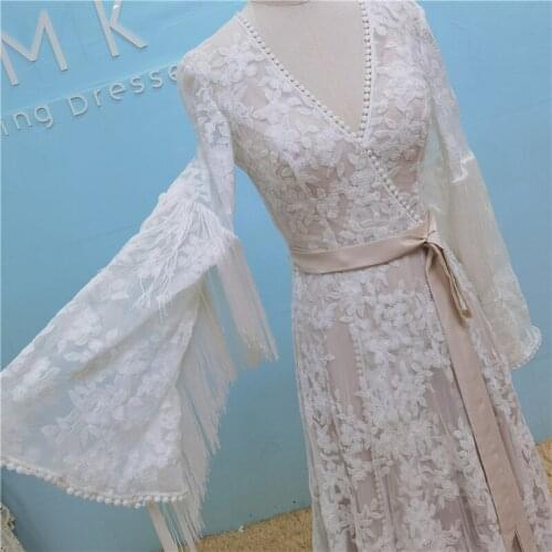 UMK Bohemia Two Pieces Lace Wedding Dress Flare Sleeve Tassel Floor Length Backless Wrapped Vintage Bohho Bridal Gowns