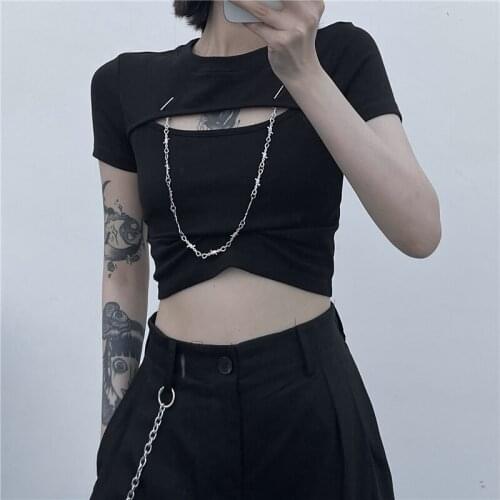 Hollow Out Sexy Lady Gothic Street Tshirt Short Length Black Punk Lady Basic O Neck T Shirt Metal Chains Harajuku Summer Top