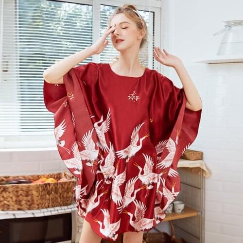 Plus Size Time-limited Summer Style Women Nightgown New bat-Sleeve Crane Robe Sleepwear Indoor Clothing Robe Home Bathrobe