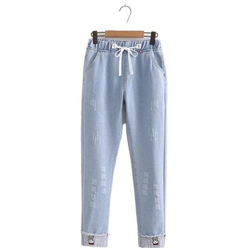 Women Jeans Pants 2020 Winter Fleece Thick Warm Feet Rabbit Embroidery Scratch Denim Feet Pant Women Trousers 20201201